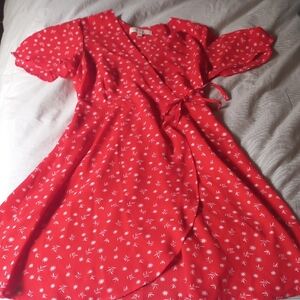 Light Airy Red Floral Wrap Dress